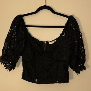 Chic Black Lace Crop Top with Puff Sleeves